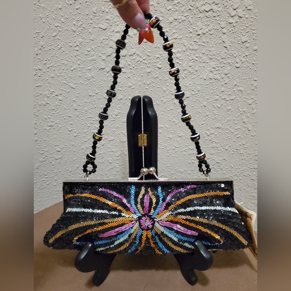 Lapis Black Sequins and Multi Color Vintage style Clutch